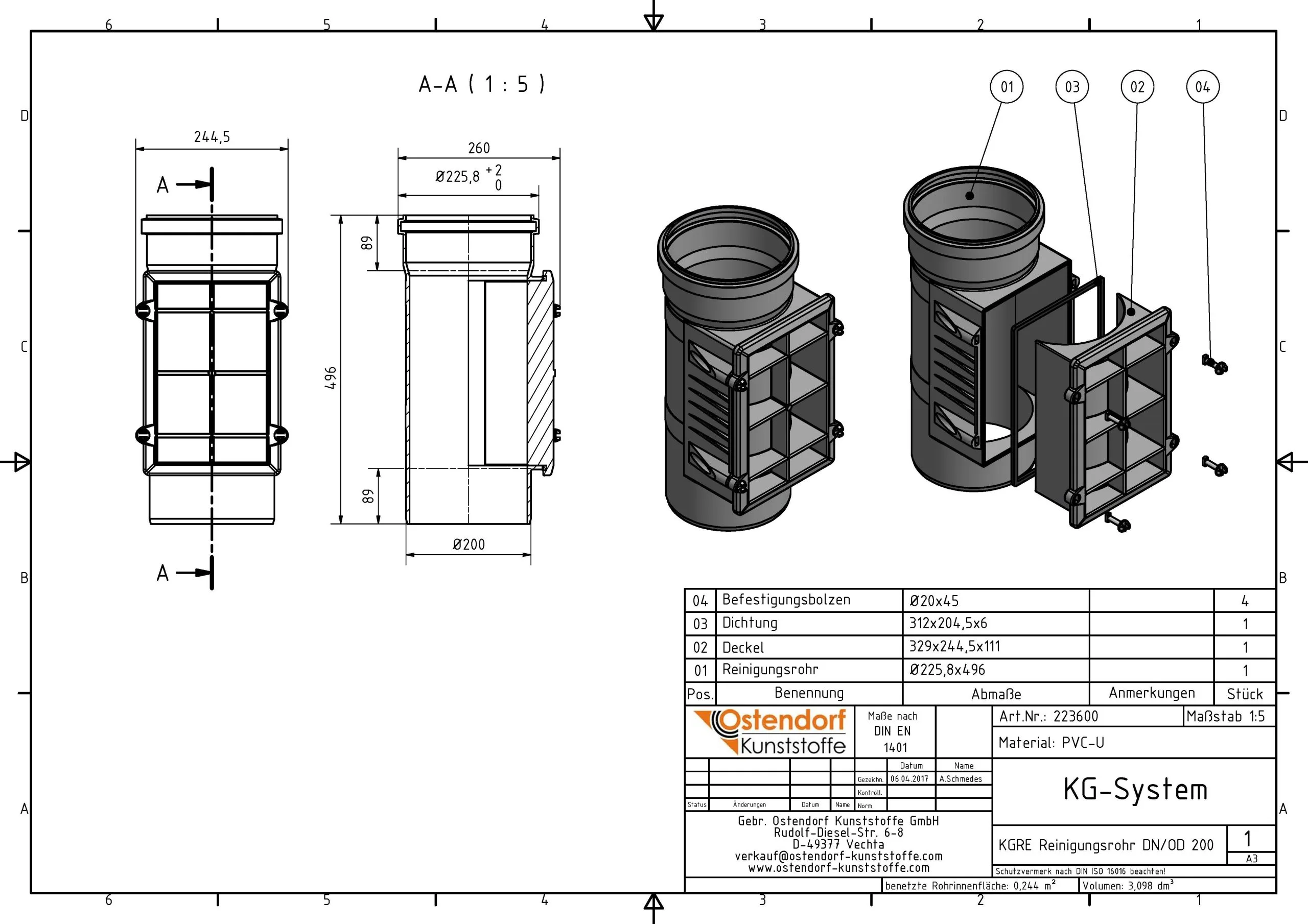 Ostendorf Kg KG Reinigungsrohr 223600 DN/OD 200, Deckel Eckig 2 Ostendorf Kg KG Reinigungsrohr 223600 DN/OD 200, Deckel Eckig – Bild 2