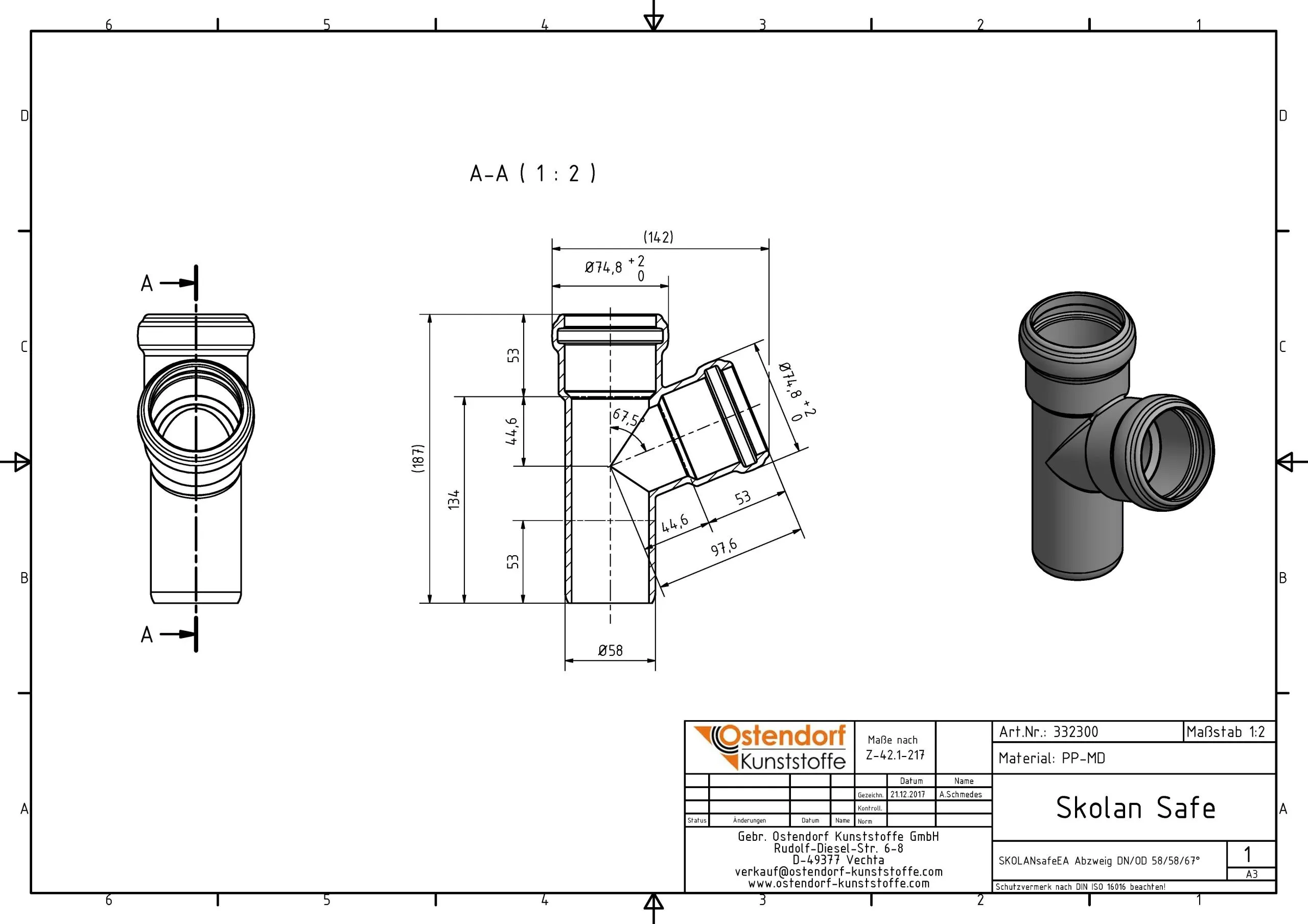 Ostendorf SKOLAN Safe SKOLANsafe-Abzweig 332300 DN/OD 58/58 X 67,5° 2 Ostendorf SKOLAN Safe SKOLANsafe-Abzweig 332300 DN/OD 58/58 X 67,5° – Bild 2